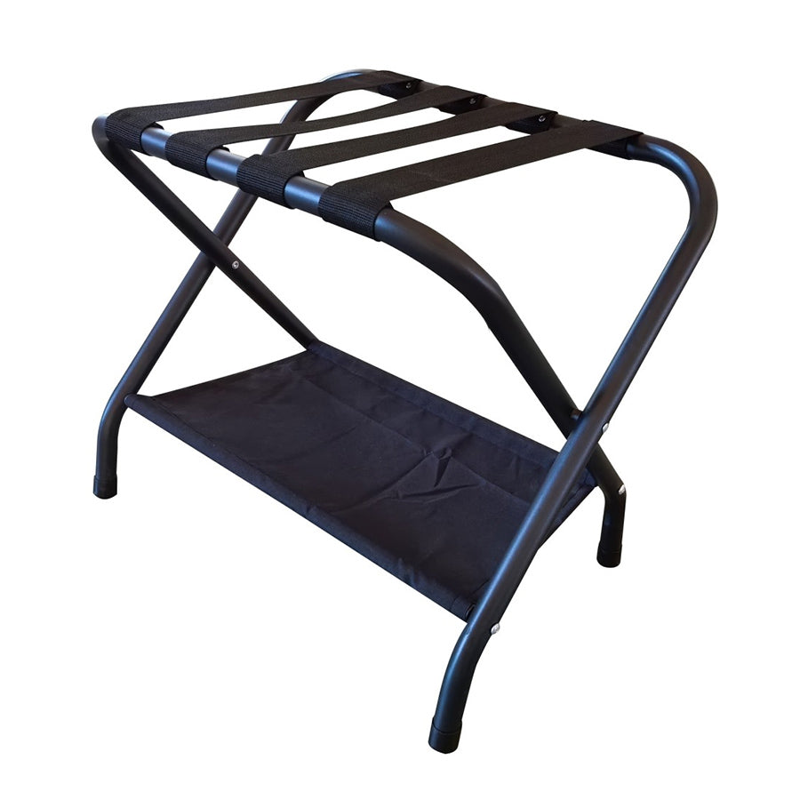 Compact Black Powder Coated Luggage Rack with Shelf