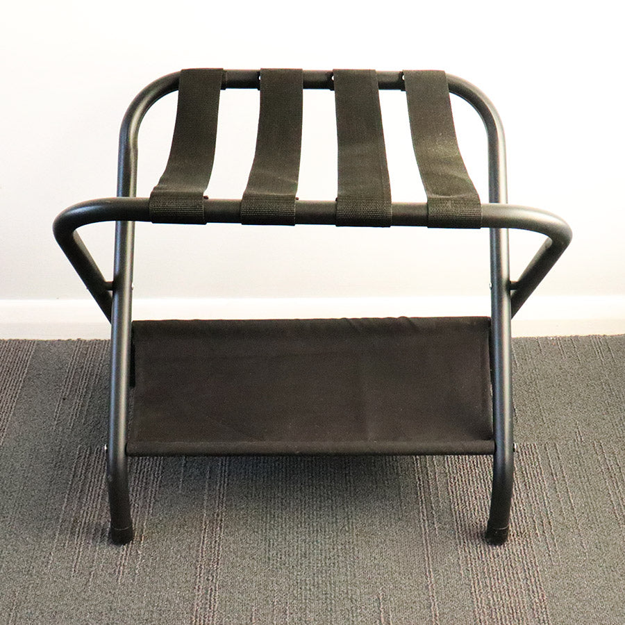 Compact Black Powder Coated Luggage Rack with Shelf