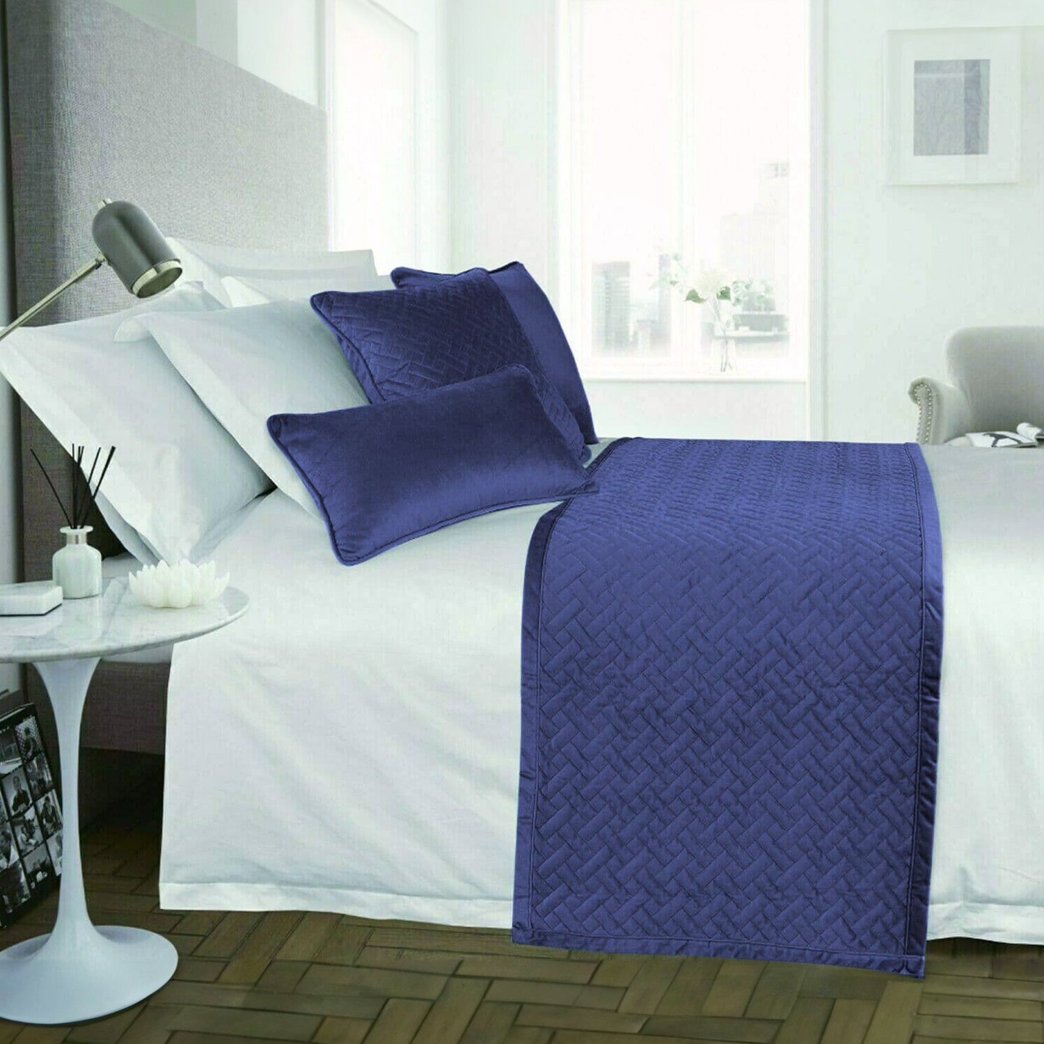 Quilted Crushed Velvet Bed Runner blue