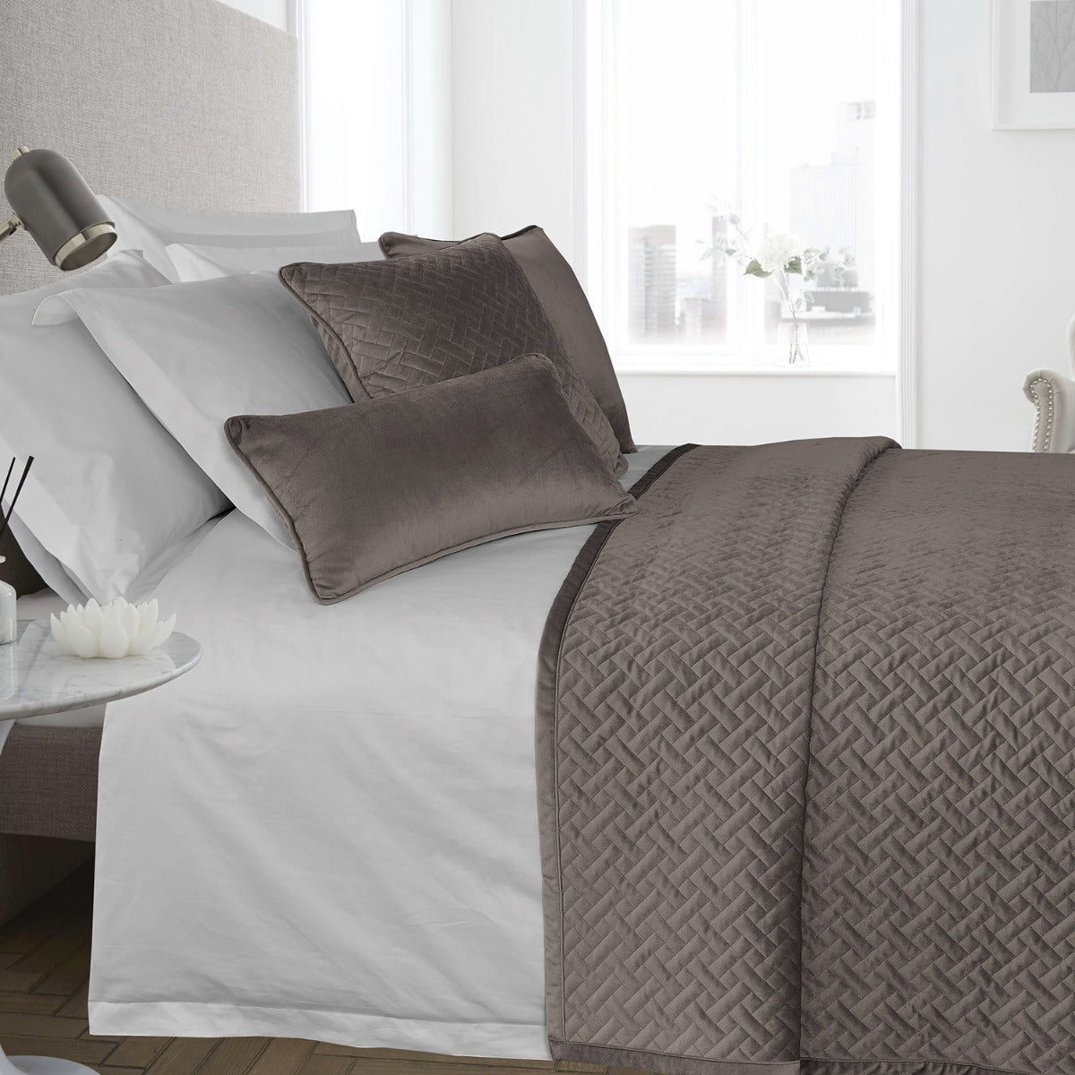 Quilted Crushed Velvet Bed Runner Mink